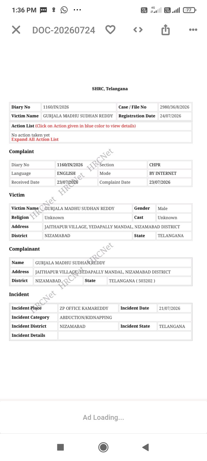 *కామారెడ్డి ZP CEO పై మానవ హక్కుల కమిషన్ తీవ్ర ఆగ్రహం.. కేసు నమోదు!*   ప్రభుత్వ నిధుల అవినీతిని ప్రశ్నించినందుకు గాను సామాజిక కార్యకర్త గుర్జాల మధుసూదన్ రెడ్డికి ఫోన్ చేసి ప్రాణ బెదిరింపులకు దిగిన కామారెడ్డి ZP CEO వ్యవహారంలో మానవ హక్కుల కమిషన్ తీవ్రంగా స